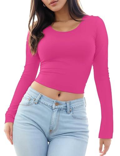 Womens Long Sleeve Crop Top Scoop Neck Sexy Slim Fitted Casual Base Layer Lightweight Soft Tops Workout Shirts 2025 Women's Clothing XS Fall Winter Underwear Spring Fashion Basic Going Out Tops, XS