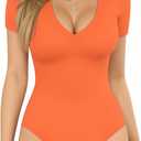 MANGOPOP V Neck Bodysuits for Women Short Sleeve Body Suits Basic Top Casual Shirt (Orange, XL)