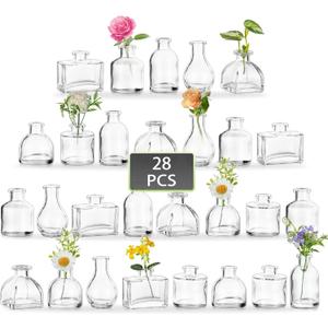 Hewory Mini Bud Vases for Centerpieces: 28pcs Small Glass Vase Bulk - Clear Tiny Vases for Wedding Baby Shower Birthday Party Events Table Decor
