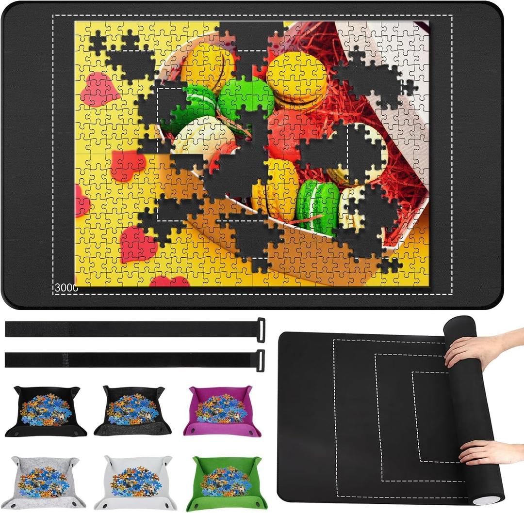 Premium Rubber Jigsaw Puzzle Mat, Roll Up, Saver Pad 55x 35 Portable Up to 3000 Pieces with Non-Slip Rubber Bottom and Smooth Polyester Top + Storage Bag, 6 Colorful Trays, Rolling Tube