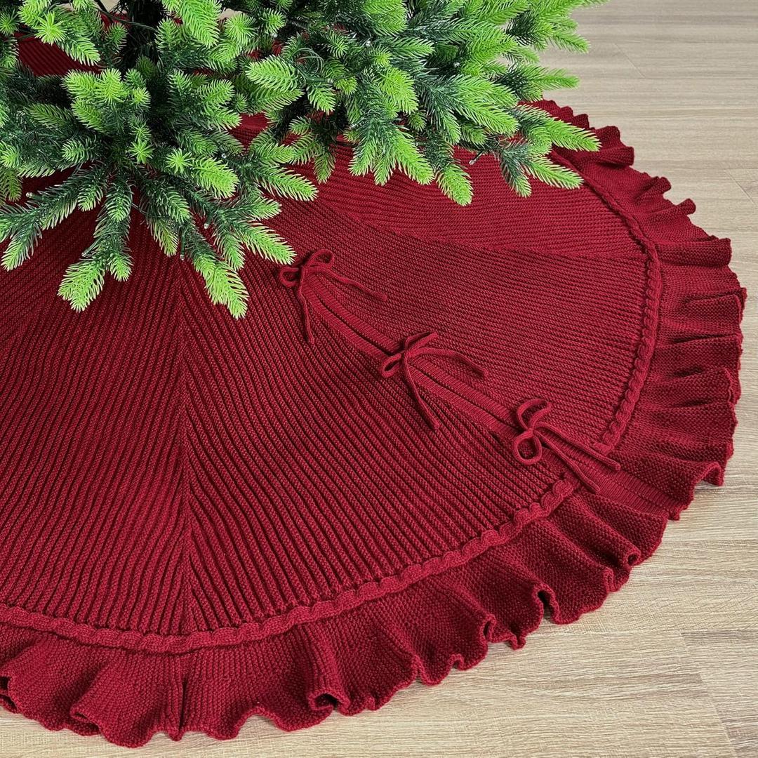 60-Inch Ruffled Sweater Knit Christmas Tree Skirt with Lace Ties, Burgundy