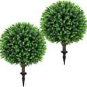 Artificial Green Eucalyptus Topiary Ball Tree 24" with Ground Spike, Set of 2 Artificial Boxwood Bushes for Faux Shrubs, Fake Evergreen Faux Plant for Indoor Outdoor Garden -UV Resistant–Fade-Proof