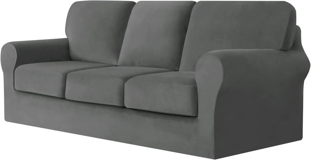 UNBBRRL 7 Piecess Couch Covers for Sofa, Replacement Ektorp Sofa Cover 3 Seat with 1 Main Cover/3 Seat Cushion Covers/3 Backrest Covers, Stretch Velvet Settee Cover 3 Seater (Medium Gray,3 Seater)(42"D x 91"W x 41"H)