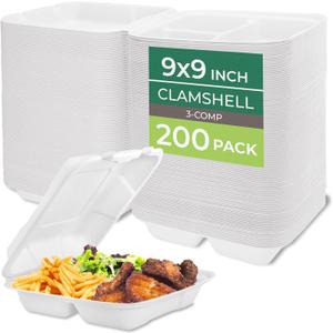 Freshware Clamshell Food Containers with Lids [9x9] 3-Compartment 200-Pack, Disposable To Go Containers, Biodegradable Sugarcane To Go Boxes - Paper Containers - Microwave & Freezer Safe, Stackable
