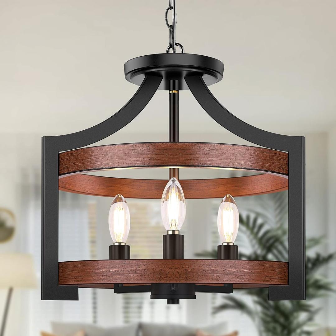 3-Light Farmhouse Chandelier, 14.5 Pendant Hanging Lighting Adjustable Height, Convertible Vintage Semi Flush Mount Ceiling Light Fixture, Rustic Chandeliers for Dining Room Foyer Entryway Kitchen (Black Metal with Walnut Finish)