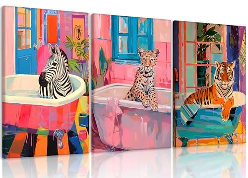 Framed Funky Bathroom Animal Wall Art set of 3, Tiger Leopard Zebra in Bathtub pictures Wall Decor, Pink Kitsch Aesthetic Animal Eclectic Posters Print Artwork for Restroom Bathroom