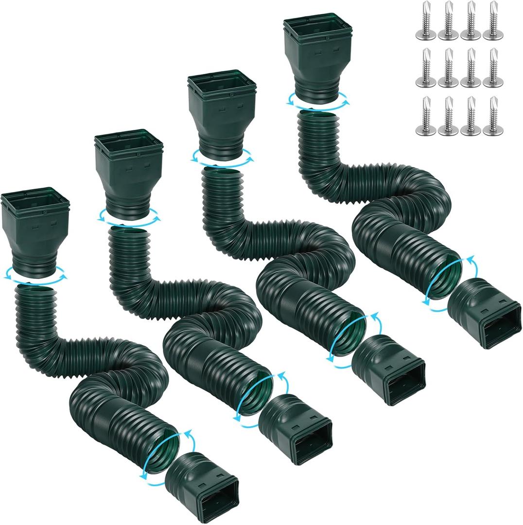 Gutterlix 4 Pack Flexible Gutter Downspout Extensions Extendable from 21" to 67", Downspout Extender Comes with Adapters, Thickened Down spout Drain Extension for Rainwater Drainage(Green)