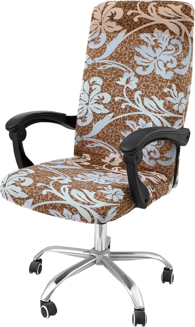 Smiry Stretch Printed Office Computer Chair Covers, Universal Desk Rotating Chair Slipcovers Removable Washable, Soft Fit Anti-Dust Spandex Protector Cover with Zipper, Brown and Blue