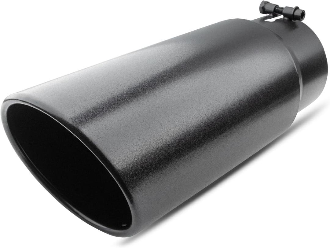 5 inch Inlet Exhaust Tip, 6" Outlet 15" Overall Length Stainless Steel Exhaust Tail Pipe, Bolt-On, Rolled Edge, Slant Sleek Angle Cut, Polished Tailpipe, Black