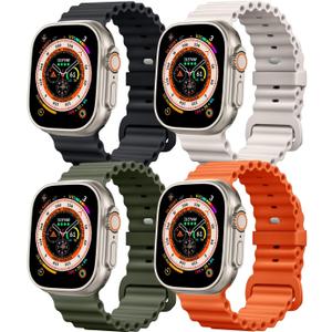 4 Pack Ocean Bands Compatible with Apple Watch Ultra Band 49mm 45mm 44mm 42mm Men Women, Soft Silicone Straps Sport Rugged Smartwatch Replacement for IWatch Ultra Ultra 2 Series 9 8 7 6 5 4 3 2 SE