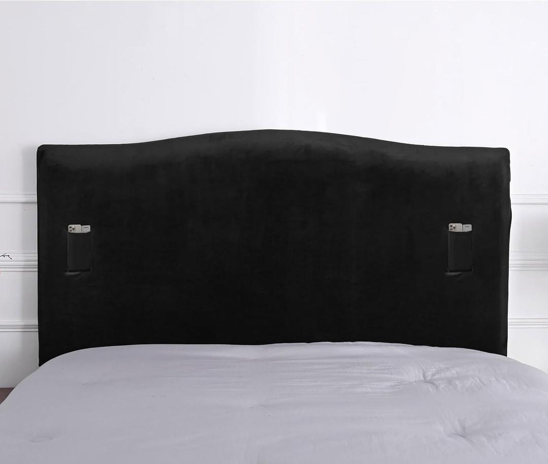 WOMACO Bed Headboard Slipcover Protector Stretch Solid Color Dustproof Cover for Bedroom Decor (Length (35" - 50"), Black-Plush)