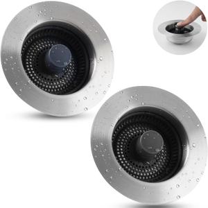 iFealClear 2 Pack 3-in-1 Stainless Steel Kitchen Sink Drain Strainer Stopper, Pop Up Sink Stopper, Kitchen Sink Strainer Basket for Standard 3-1/2 Inch Drain, Anti-Clogging, Detachable, Chrome (Brushed Nickel)