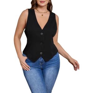 SOLY HUX Women's Plus Size Button Up Suit Vest Blazer V Neck Sleeveless Waistcoat (Black, XXXL)