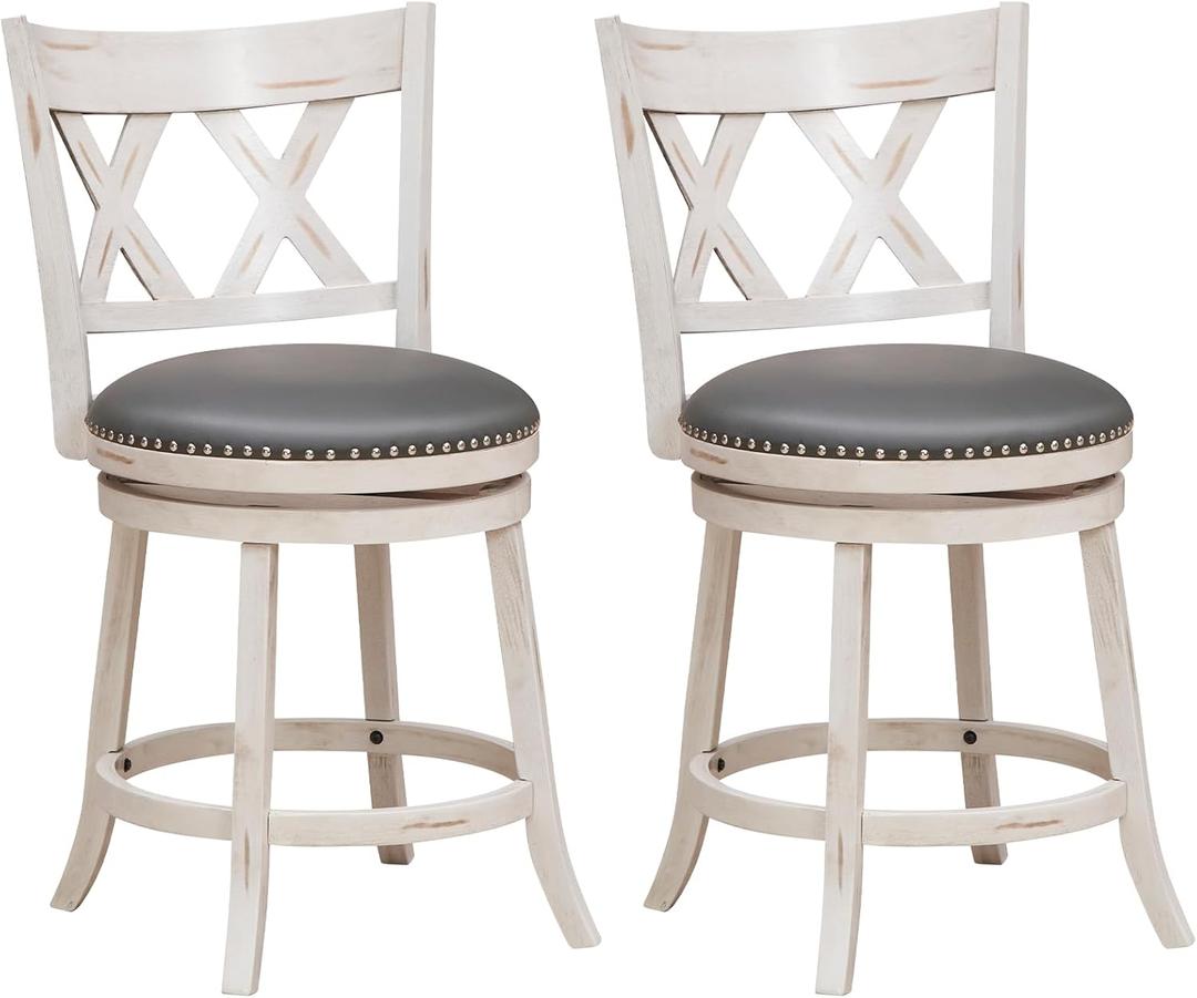 Bar Stool Set of 2 for Kitchen Island, 25.5 Swivel Armless Counter Height Stools with 20'' Wider Padded Seat, Ergonomic Curved Backrest, Rubber Wood Frame (2, Antique White + Gray)