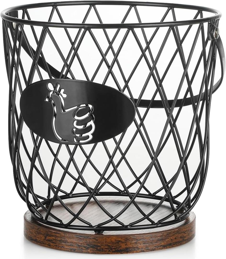 Egg Basket for Gathering Fresh Eggs, Round Egg Collecting Basket with Handle, Egg Holder Countertop Decor & K-Cup Organizer (Metal)