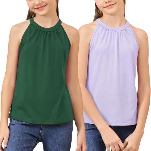 GORLYA 2 Pack Girls Halter Neck Summer Sleeveless Shirt Multipacks Casual Curvy Tank Tops for 6-14Y(GOR1232,8Y,Green+Lilac) (Green)