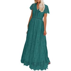 MEROKEETY Women's 2026 V Neck Short Sleeve Floral Lace Wedding Dress A Line Boho Bridesmaid Cocktail Party Maxi Dress S