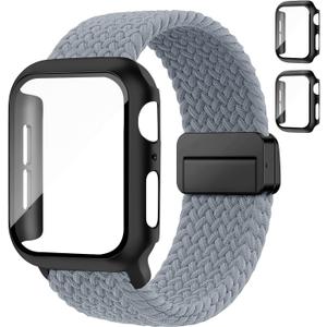 Braided Bands and Case for Apple Watch Bands for Women 40mm 44mm 46mm 42mm 45mm 41mm 38mm Men,Magnetic Nylon Sport Stretchy Solo Loop Elastic Strap with Cover for iWatch Series 11 10 9 8 7 6 5 4 3 SE (08-Space Grey+Black)