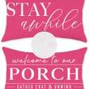 TAJWE Pink Outdoor Pillow Covers Waterproof 12x20 Set of 2 Decorative Welcome to Our Porch Stay Awhile Cushion Cases for Patio Furniture Sofa Couch Decor