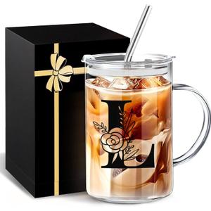 Yekidos Initial Extra Large Glass Drinking Cup With Lid Straw Teacher Appreciation Gifts Mug Gift For Her Glass Tumbler Cup Retirement Gift For Woman Teacher Must Have Present Work Essentials
