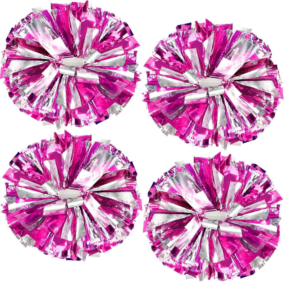 4Pcs Upgraded 12inch Metallic Cheerleading Pom Poms, HOLENGS Cheerleader Pompoms Cheer Poms for Kids Adults, Cheering Squad Pompoms for School Sports Games Dance Party (Rose and Silver)