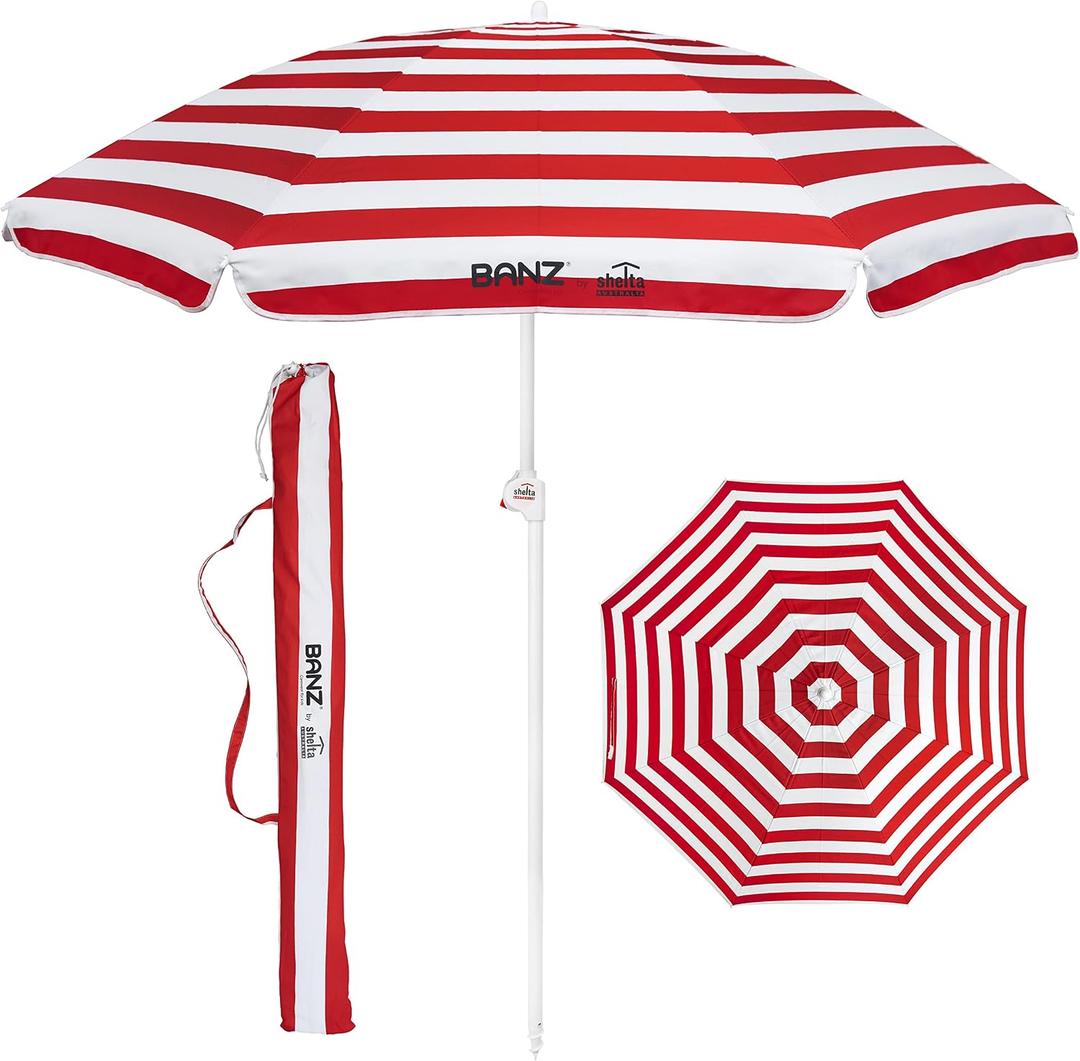 BANZ Cabana Beach Umbrella UPF 50 - UV Protection Foil-Lined Portable, Red And White