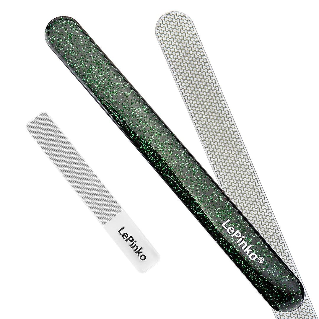Long Lasting Nail File and Buffer Set, 1 Diamond Metal Nail File with 1 Nano Glass Nail Buffer, Professional Manicure Tools Kit for Home and Salon Use (Green Shine)