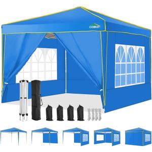 COBIZI 10x10 Pop up Canopy, Canopy Tent 10x10 Gazebos, Ez up for Parties Beach Camping Party Event Shelter Sun Shade with 4 Sidewalls & Carry Bag 4 Stakes & Ropes & Sandbags, Blue