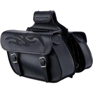 Dream Apparel Faux Leather Motorcycle Saddle Bags Throw Over Saddlebags, PVC Motorcycle Side Bags for Honda Shadow Sportster Softail Dyna V-star (Black) (Black 26L & Flame Pattern)