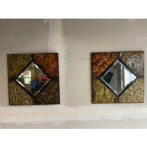 Set of 2 Vintage Embossed Metal Wall Mirrors – Boho Rustic Decor, Diamond Center