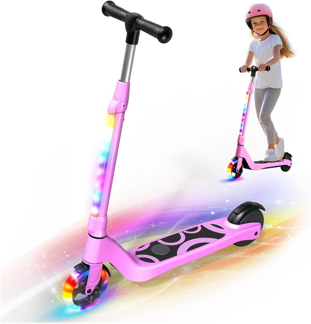 LIEAGLE Electric Scooter for Kids Ages 6-12, LED Light-Up Deck, Kids Scooters with 3 Adjustment Levels Handlebar to 36 Inches High,5.3" Wheel UL Certificated Kick Scooter (Pink)