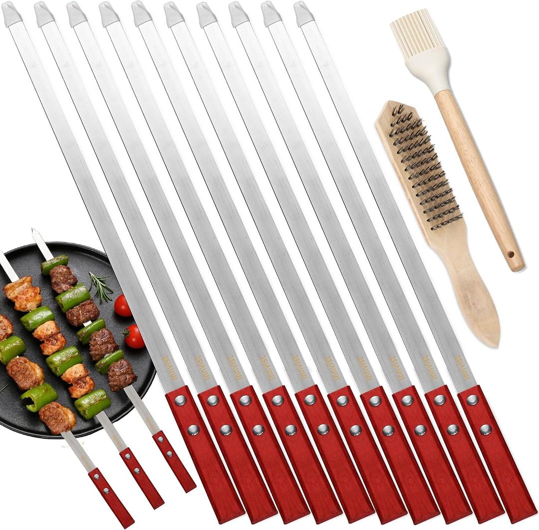 9 PCS 23.6" Flat Stainless Steel Skewers, Metal Barbecue Skewers with Wooden Handles and Silicone Brush, Reusable Long Shish Kabob Skewers for Grilling for Koobideh Persian Picanha Brazilian