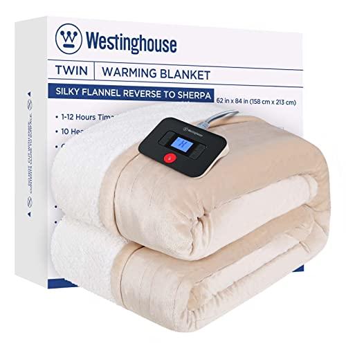 Westinghouse Electric Blanket Twin, Heated Blanket Twin Size with 10 Heating Levels and 1 to 12 Hours Heating Time Settings, Flannel to Sherpa Reversible, Machine Washable (62" x 84", Beige)