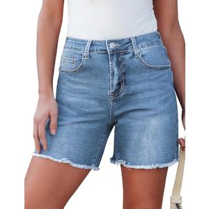 luvamia FleXclusive Jean Shorts for Women Trendy High Waisted Stretchy Denim Summer Casual Raw Hem Mom Long Cutoff Jorts High Waist Shorts Lakeside Blue Size Small Fits US 4-6