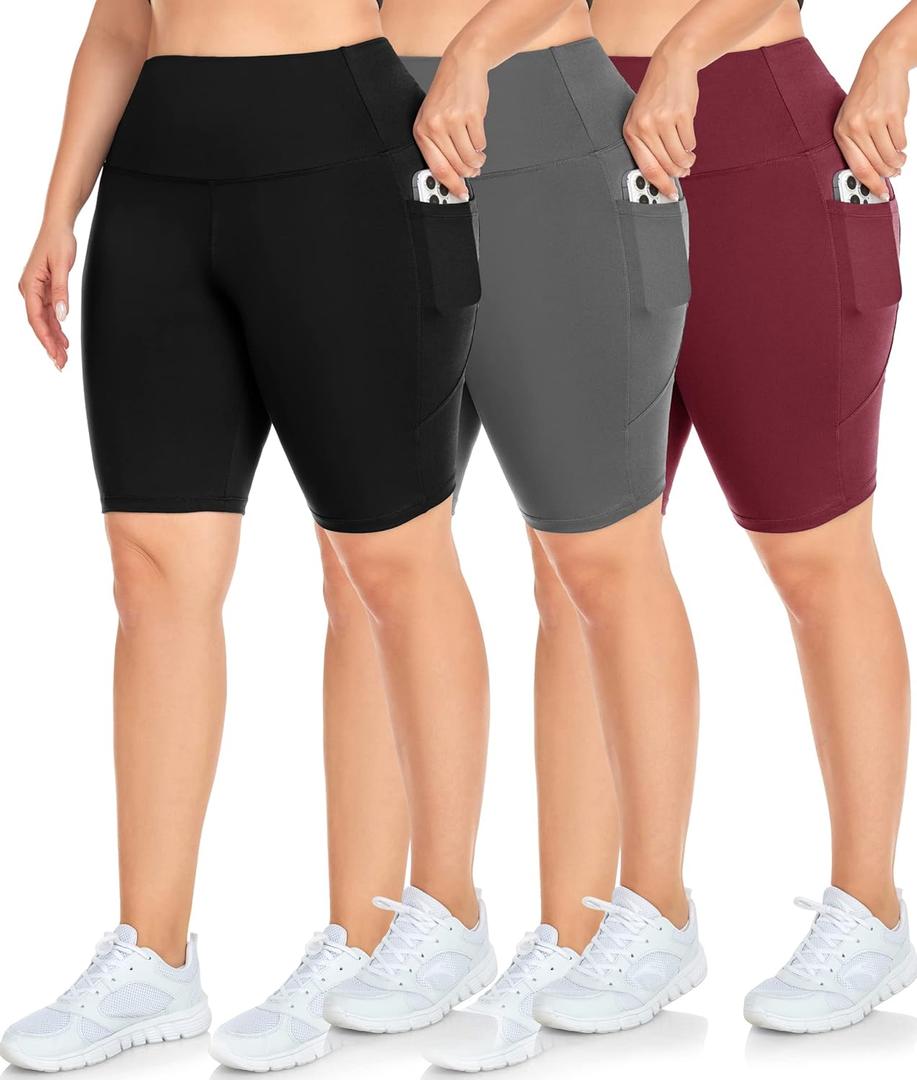 NEW YOUNG 3 Pack Plus Size Biker Shorts with Pockets for Women-High Waisted 8" Yoga Pants Workout Shorts (3pack-black/Wine/Grey)
