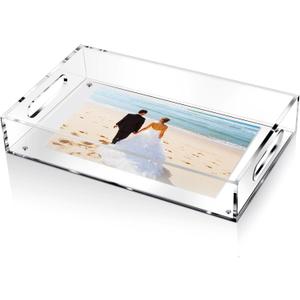 1 Pcs Acrylic Serving Tray with Magnetic Mat Customizable for Photos Artworks Clear Tray for Gifting and Serving Spill Proof Countertop Organizer for Bathroom Home Office (11" X 16.5")