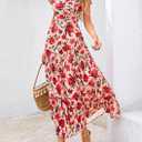 PRETTYGARDEN Women's 2025 Summer Floral Midi Dress Cap Sleeve V Neck Ruffle Long Flowy Boho Casual Beach Vacation Dresses (Medium, Floral Orange Pink Red)