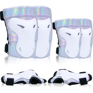 Bienbee Knee Pads for Men, Knee Pads Wrist Guard Knee and Elbow Pads Adult Protective Gear Set for Skateboard, Roller Skating, for Women Men Youth Adult Kids (Medium, Laser Silver)