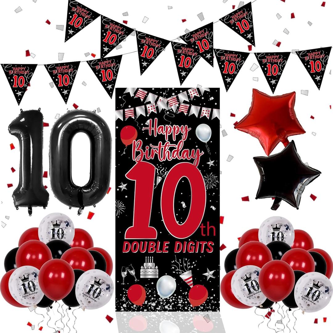 10th Birthday Decorations for Boys Girls, Double Digits Boy Red Black Happy 10th Birthday Decorations, 10 Year Old Birthday Door Banner Sign, Triangle Flag, Large 10 Balloons Decor Tenth Bday Party