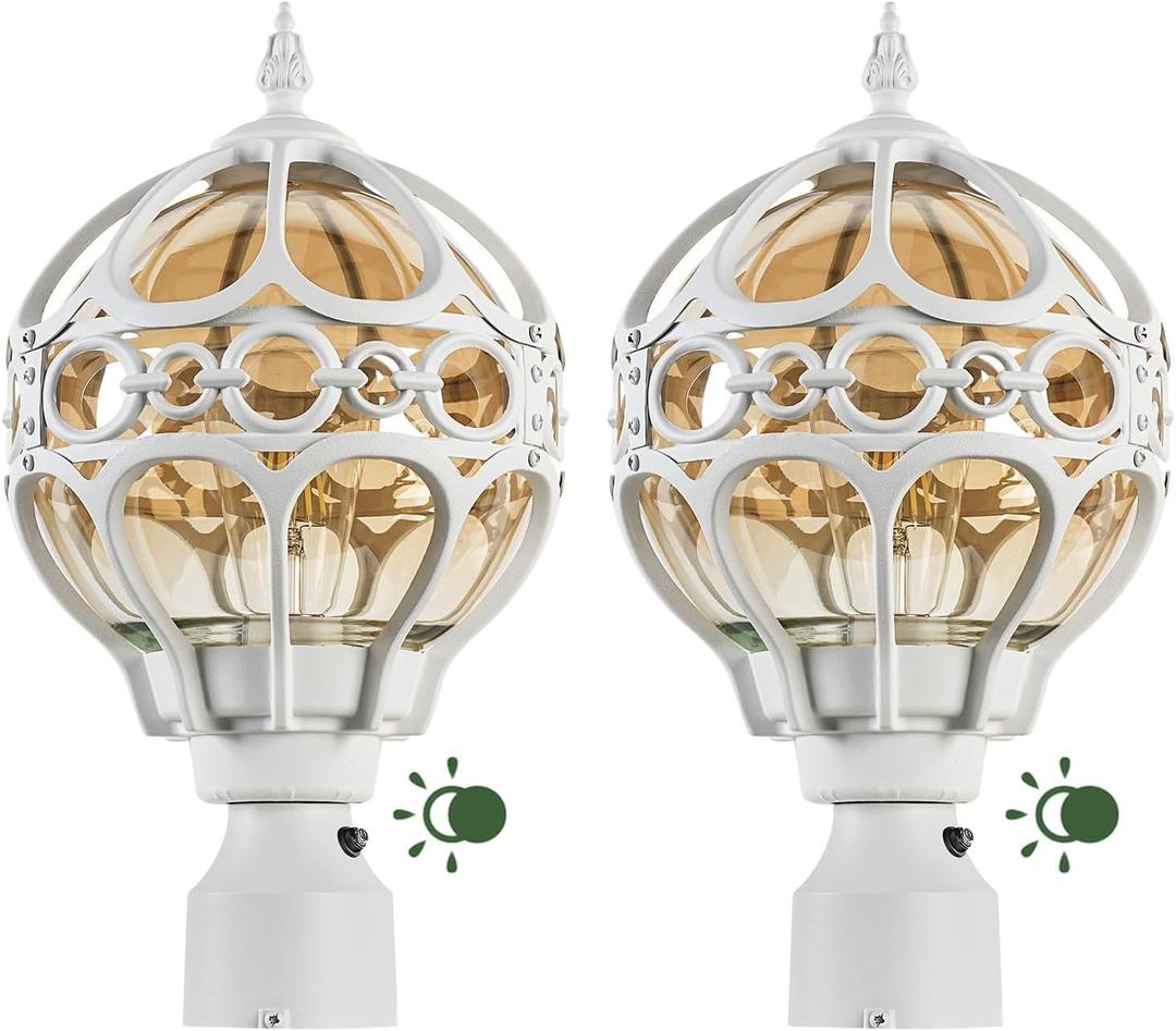 2 Pack Dusk to Dawn Outdoor Globe Post Light Fixtures, 13.4" White Anti-Rust Aluminum Lamp Post Lighting for Patio, Garden, Driveway, Hardwired Post Top Lantern Pillar Light, Fits Standard 3" Post