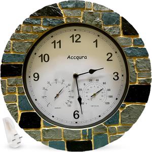 13 Inch Outdoor Clock Waterproof - Large Resin Outdoor Patio Wall Clocks Thermometer and Hygrometer Combo Retro Home Dcor for Patio Pool Garden Porch Outside Gift - Blue & Grey