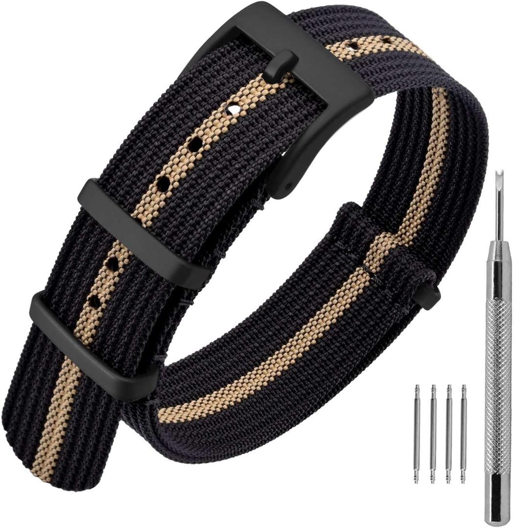 ANNEFIT Nylon Watch Band 16mm 18mm 20mm 22mm, One-Piece Waterproof Military Watch Straps with Heavy Buckle (Black+Khaki/Black Buckle)