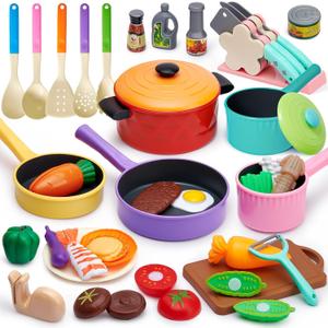 Lonico Pretend Play Kitchen Accessories for Toddlers 3-5, Play Food Sets for Kids Kitchen Toys with 5 Pots and Pans & Cooking Utensils & Toy Food, Birthday Gift for 3 4 5 Year Old Girls Boys