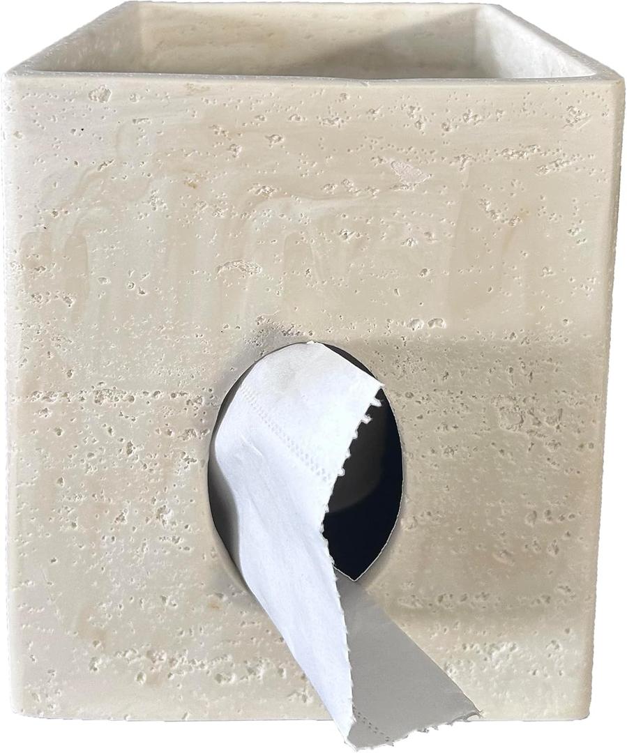 Hymmah Square Tissue Box Cover Holder with Tray,Unique Cube Design Tissue Dispenser Cover Decor for Vanity Counter Tops Also Great for Bedroom and Living Room (Beige)