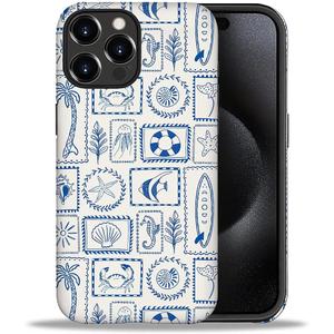 Case for iPhone 16 Pro Max, PC Hard Shell & Silicone Inner Bumper, Anti-Scratch Full-Body Cover Shockproof Slim Design -Stamps Blue Seashells Summer