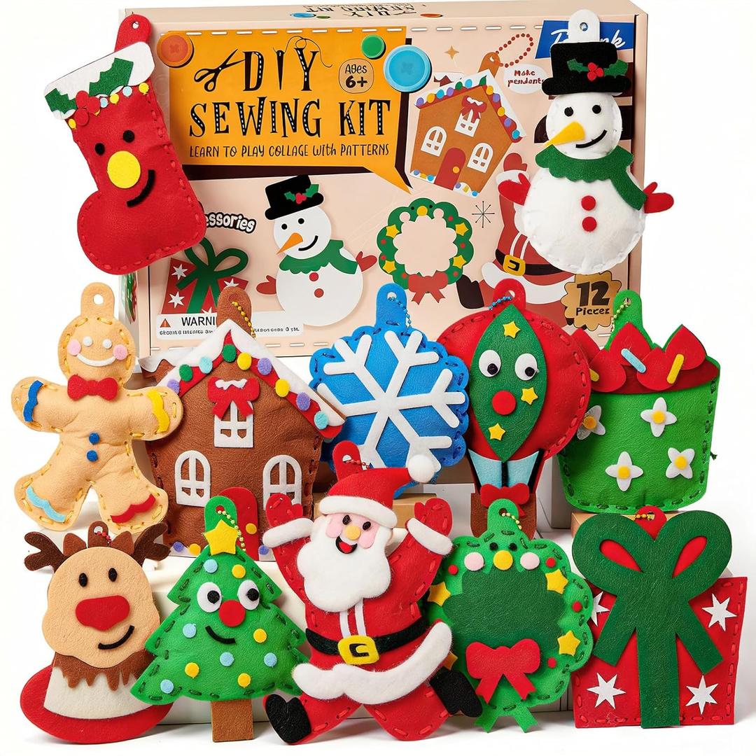 Cleboen Christmas Sewing Kit for Kids Beginners, 12-in-1 Sew Your Own Felt Christmas Ornaments Craft Kit for Kids Girls & Boys 6-8, 8-12, Fun and Educational Christmas Gift Ideas