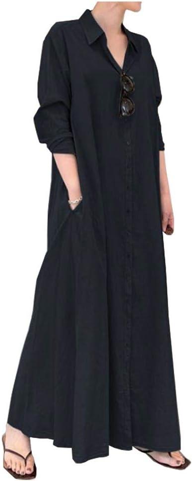 Ladyful Women's Cotton Linen Maxi Shirt Dress Long Sleeve Button Down Shirtdress Beach Summer Dress Pockets M