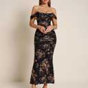 KUTUMAI Off The Shoulder Maxi Long Dress Corset Ruched Bodycon Cocktail Formal Wedding Guest Dresses for Women (Black, M)