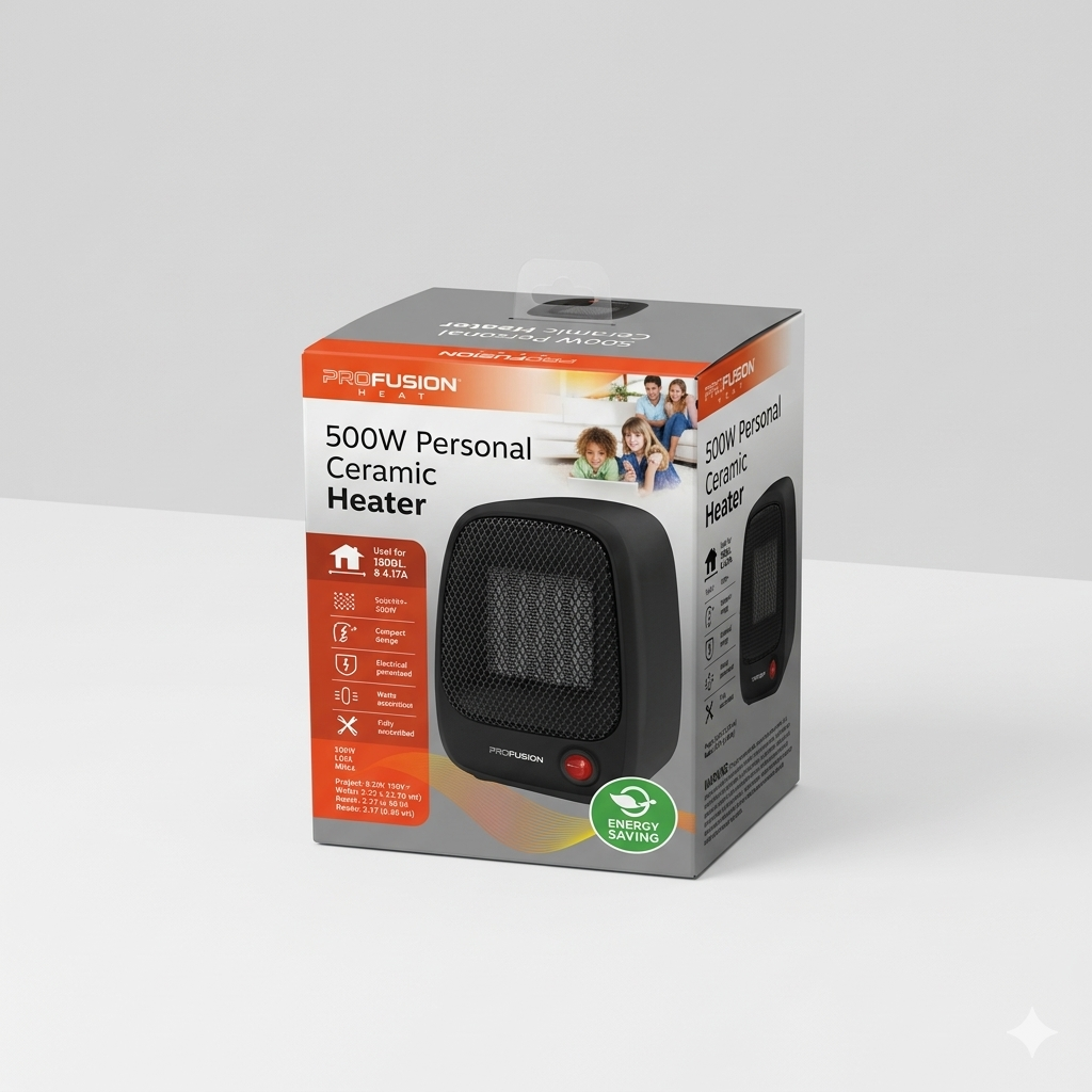 Pro Fusion Ceramic Space Heater, Portable Indoor Heating Solution, With Overheat and Tip-Over Protection, Thermostat, Non-Oscillating, 1500W, 7.52"D x 6.34"W x 9.45"H, Black