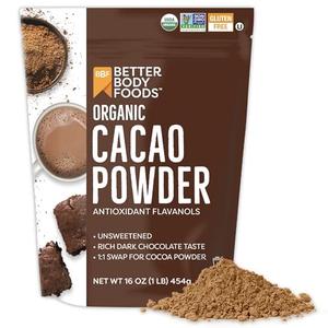 BetterBody Foods Organic Cacao Powder, Rich Chocolate Flavor, Non-GMO, Gluten-Free, Cocoa, 16 ounce, 1 lb bag, Pack of 5, Best By: 12/03/2026
